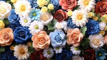 A vibrant arrangement of artificial flowers in various colors, creating a decorative backdrop photo