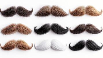 A variety of mustaches displayed in a grid, showcasing different styles and colors for grooming inspiration photo