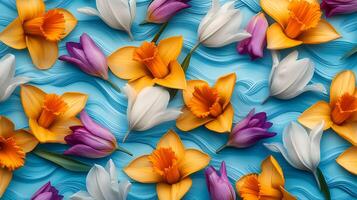 A vibrant arrangement of colorful flowers including tulips and daffodils on a textured blue background photo