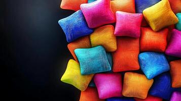 A vibrant arrangement of colorful pillows stacked against a dark background, showcasing texture photo