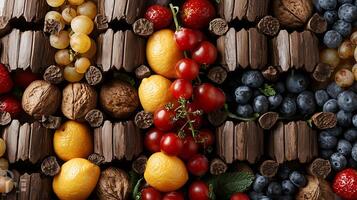 A vibrant arrangement of fresh fruits and nuts interspersed with chocolate bars, showcasing a colorful and appetizing display ideal for culinary inspiration photo