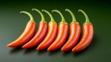 A vibrant arrangement of red chili peppers positioned in a line against a dark green background photo