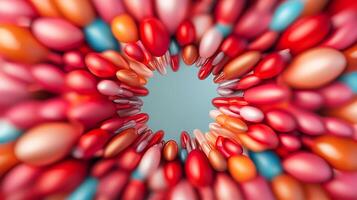 A vibrant array of colorful oval shapes creating a mesmerizing tunnel effect with a light blue center photo