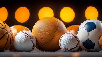A vibrant arrangement of various sports balls on a soft surface with blurred lights in the background photo