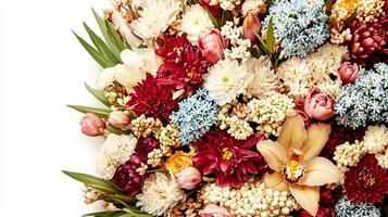 A vibrant arrangement of various flowers including tulips and orchids on a white background photo
