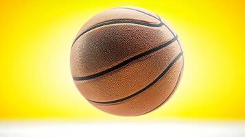 A vibrant basketball floating against a bright yellow background, symbolizing motion and energy photo