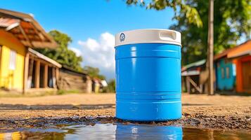A vibrant blue cooler sits beside a puddle in a colorful village, with houses in the background photo