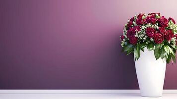 A vibrant bouquet of red roses in a white vase against a soft purple background photo