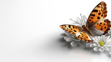 A vibrant butterfly perched on delicate white flowers against a minimalist background photo