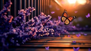 A vibrant butterfly hovering above blooming lilacs at sunset, with soft light illuminating the scene photo