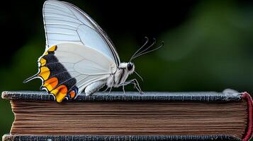 A vibrant butterfly perched on an old book, surrounded by a blurred green background photo