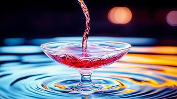 A vibrant cocktail being poured into a glass, creating ripples on a colorful surface photo