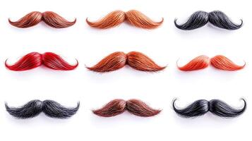 A vibrant collection of mustaches in various colors and styles arranged in a grid format photo