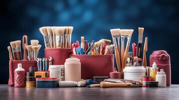 A vibrant collection of art supplies and tools arranged neatly on a table with a blue background photo