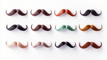A vibrant collection of twelve distinct mustaches in various colors and styles arranged symmetrically photo