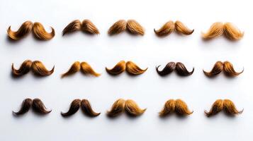 A vibrant collection of various mustache styles arranged in a grid on a white background photo