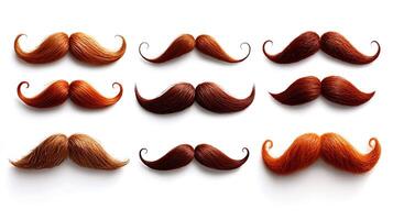 A vibrant collection of various styled mustaches arranged in a neat grid on a white background photo
