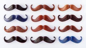 A vibrant collection of various mustache styles arranged in a grid on a clean background photo