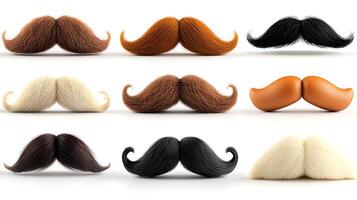 A vibrant collection of various stylized mustaches displayed in a grid format, showcasing diversity photo