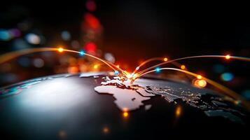 A vibrant digital globe highlighting global connections and data flow over Africa at night photo