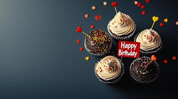 A vibrant display of birthday cupcakes topped with colorful frosting and festive decorations photo