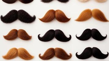 A vibrant collection of various mustache styles displayed on a neutral background for grooming ideas photo