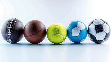 A vibrant display of five diverse sports balls arranged on a clean surface, showcasing variety photo