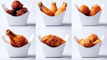 A vibrant display of crispy fried chicken drumsticks in takeout containers, showcasing texture photo