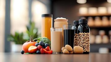 A vibrant display of nutritious drinks and fresh fruits on a kitchen counter with blurred background photo