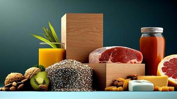 A vibrant display of fresh ingredients including meat, fruits, and grains arranged artistically photo