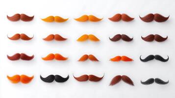 A vibrant display of various mustache styles arranged in a grid on a clean background photo