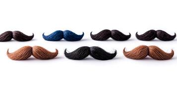 A vibrant display of various mustache styles arranged in a row against a white background photo