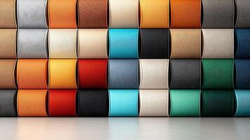A vibrant display of colorful leather swatches arranged neatly in rows showcasing texture and variety photo