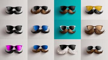A vibrant display of sunglasses paired with various styled mustaches against a minimalistic backdrop photo