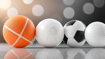 A vibrant display of various sports balls lined up, showcasing basketball, soccer, and golf against a blurred background photo