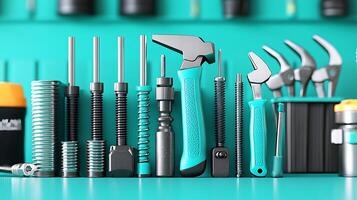 A vibrant display of various hand tools arranged neatly on a turquoise workbench background photo