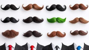 A vibrant display of various mustaches arranged in a creative pattern against a white background photo