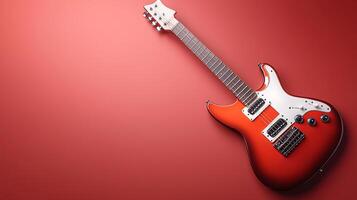 A vibrant electric guitar rests against a smooth red backdrop, highlighting its sleek design photo