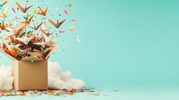 A vibrant explosion of paper cranes emerging from a box, surrounded by colorful confetti and clouds photo