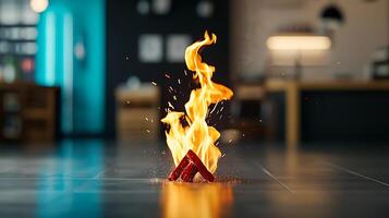 A vibrant flame dances from a small pile of logs on a sleek floor in a modern interior space photo