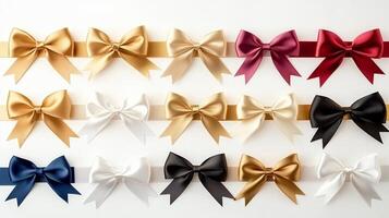 A vibrant display of various ribbon bows in different colors arranged neatly on a white background photo
