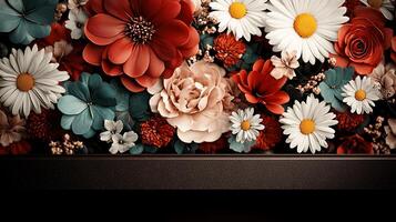 A vibrant floral arrangement featuring various flowers in rich colors against a dark background photo