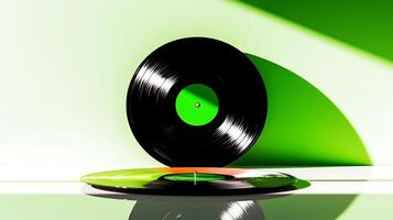 A vibrant green and black vinyl record spinning above a colorful disc on a minimalist background photo