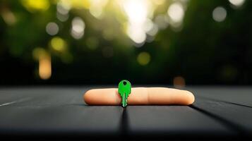 A vibrant green key rests on a finger against a blurred natural background, symbolizing access photo