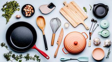 A vibrant kitchen scene showcasing various cooking utensils and ingredients arranged artistically photo