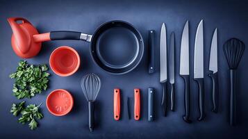 A vibrant kitchen setup featuring cooking tools, herbs, and utensils arranged for meal preparation photo