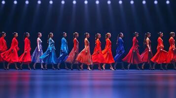 A vibrant lineup of dancers in colorful dresses performing on stage under bright lights photo