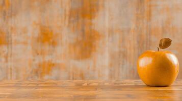 A vibrant orange apple resting on a wooden table with a textured orange background photo