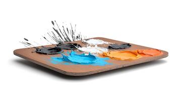 A vibrant palette of paint splashes on a wooden surface, showcasing creativity in art photo