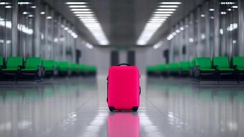 A vibrant pink suitcase stands alone in a modern airport terminal with empty seating photo
